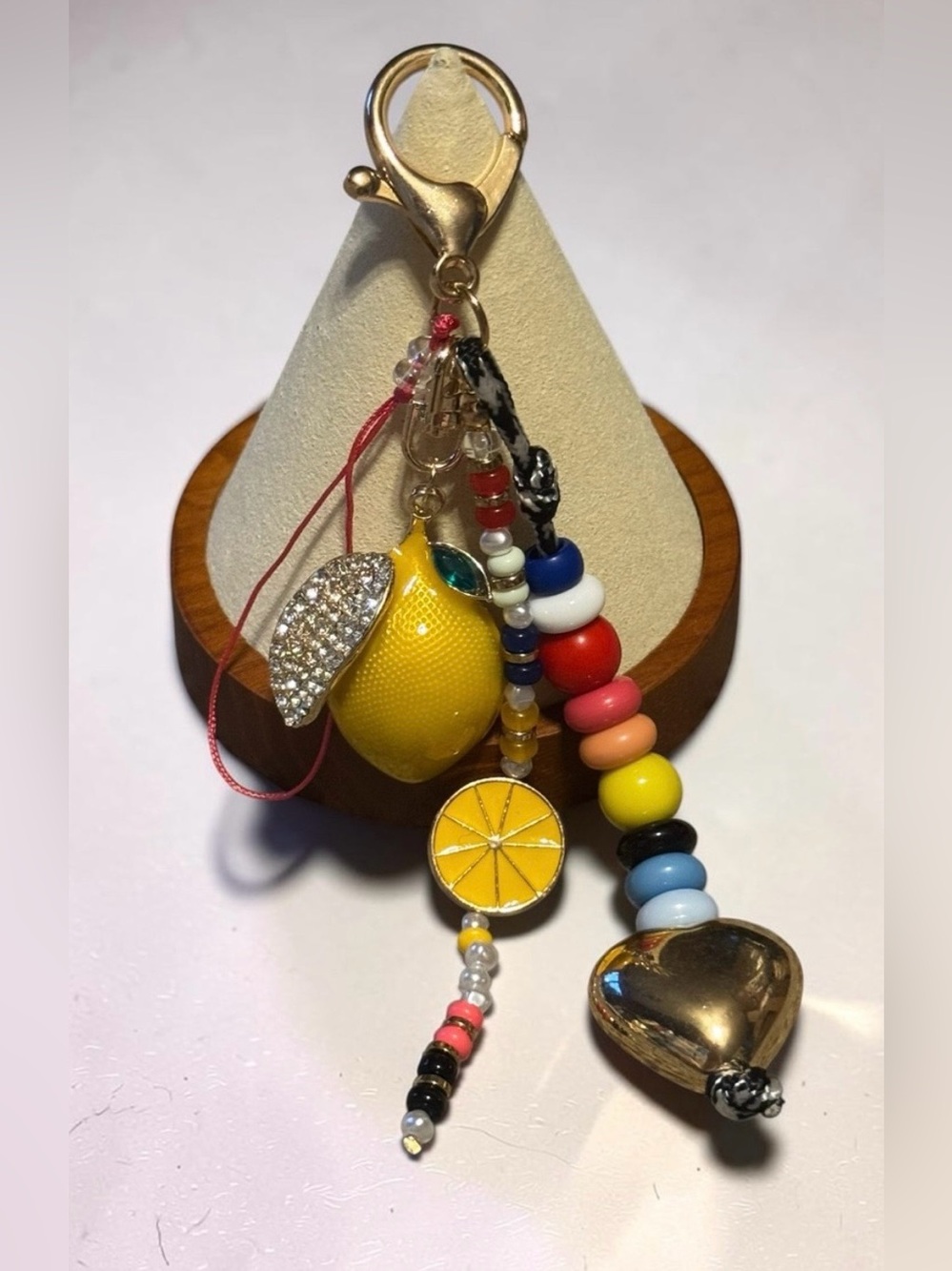 Colorful Lemon Charm Keychain - Yellow & Multicolor Beaded Accessory